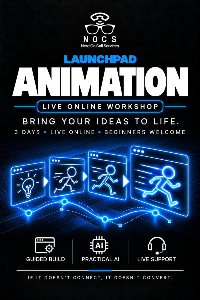 NOCS Animation Workshop, live online workshop, with blue technical illustrations.