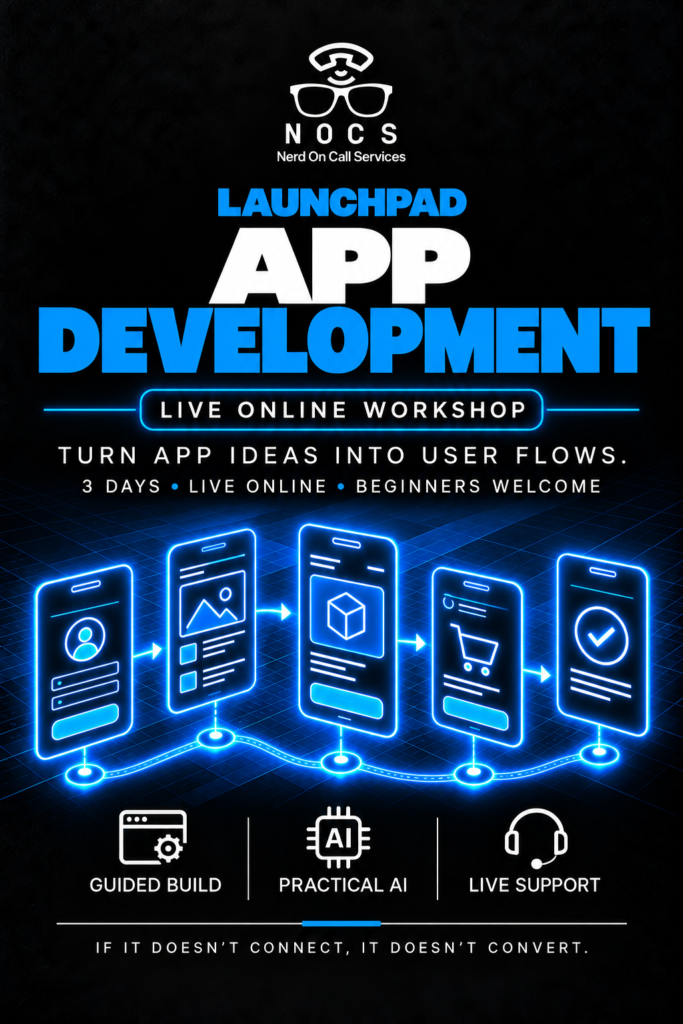 NOCS App Development Workshop, live online workshop, with blue technical illustrations.