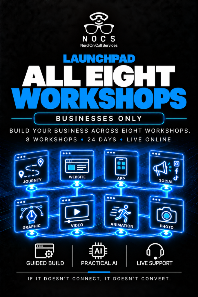 NOCS All Eight Launchpad Workshops Bundle, live online workshop, with blue technical illustrations