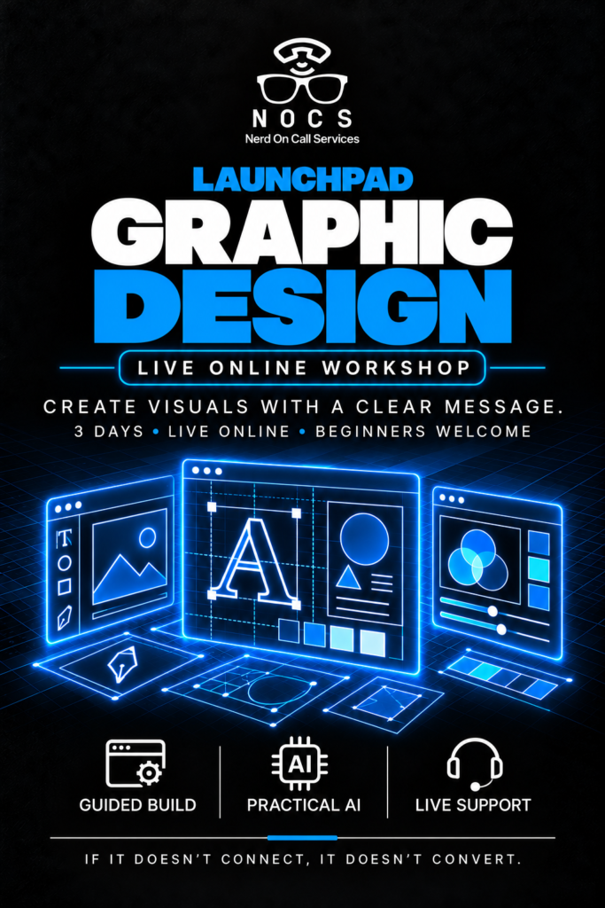 NOCS Graphic Design Workshop, live online workshop, with blue technical illustrations.