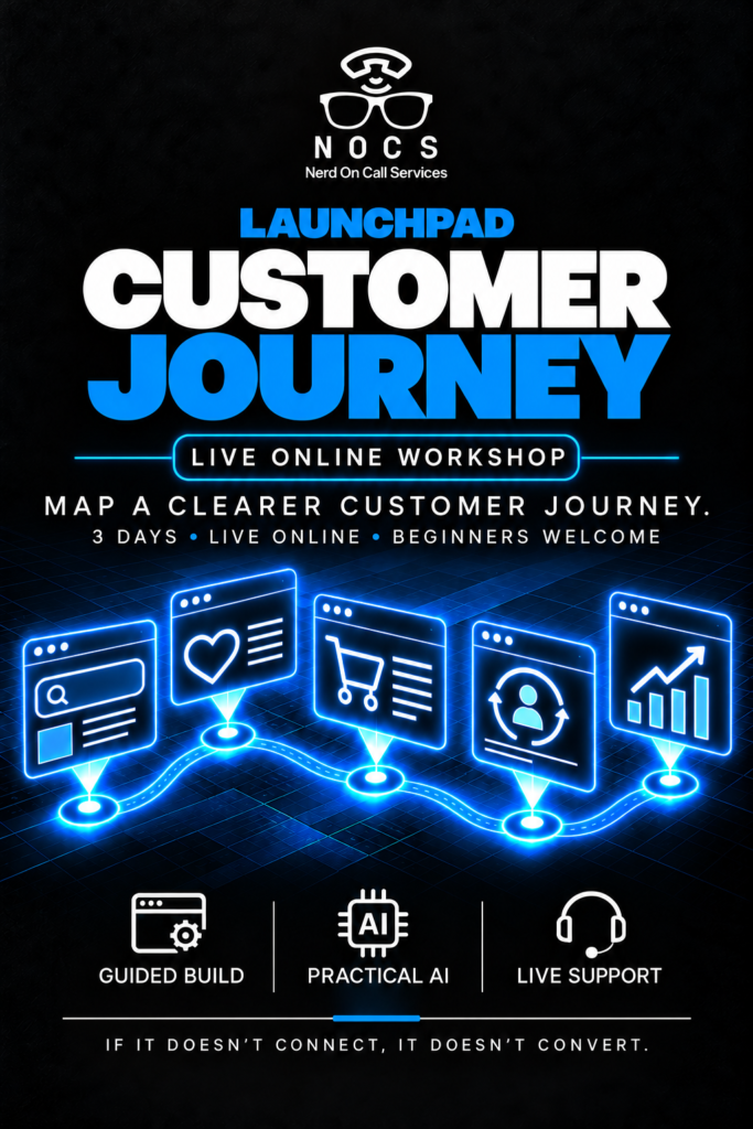 NOCS Customer Journey Workshop, live online workshop, with blue technical illustrations.