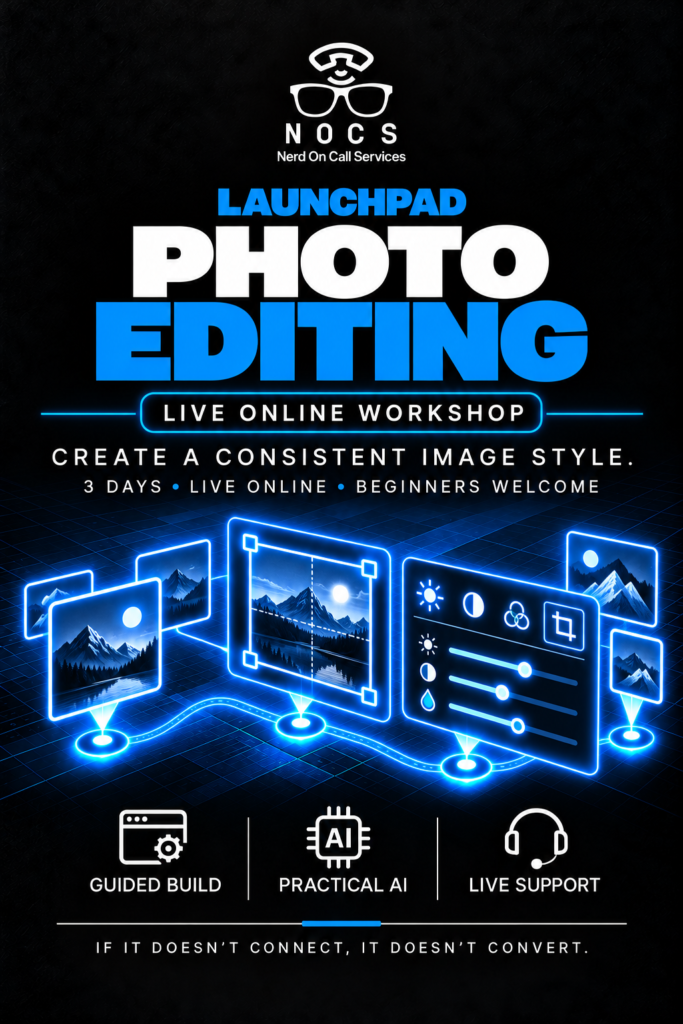 NOCS Photo Editing Workshop, live online workshop, with blue technical illustrations.