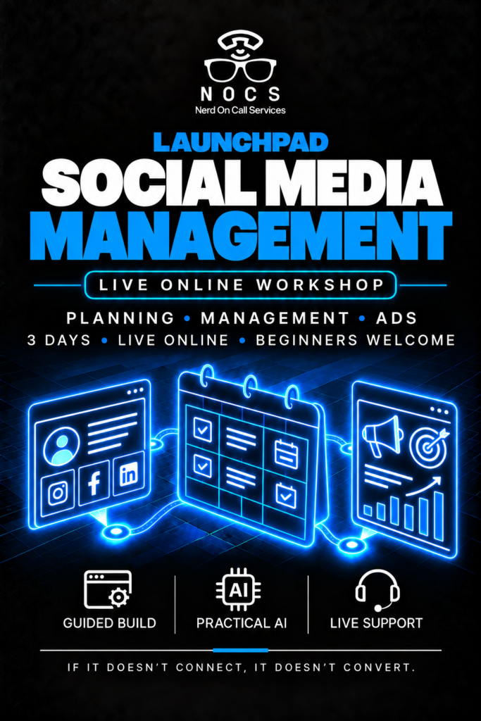 NOCS Social Media Management Workshop, live online workshop, with blue technical illustrations