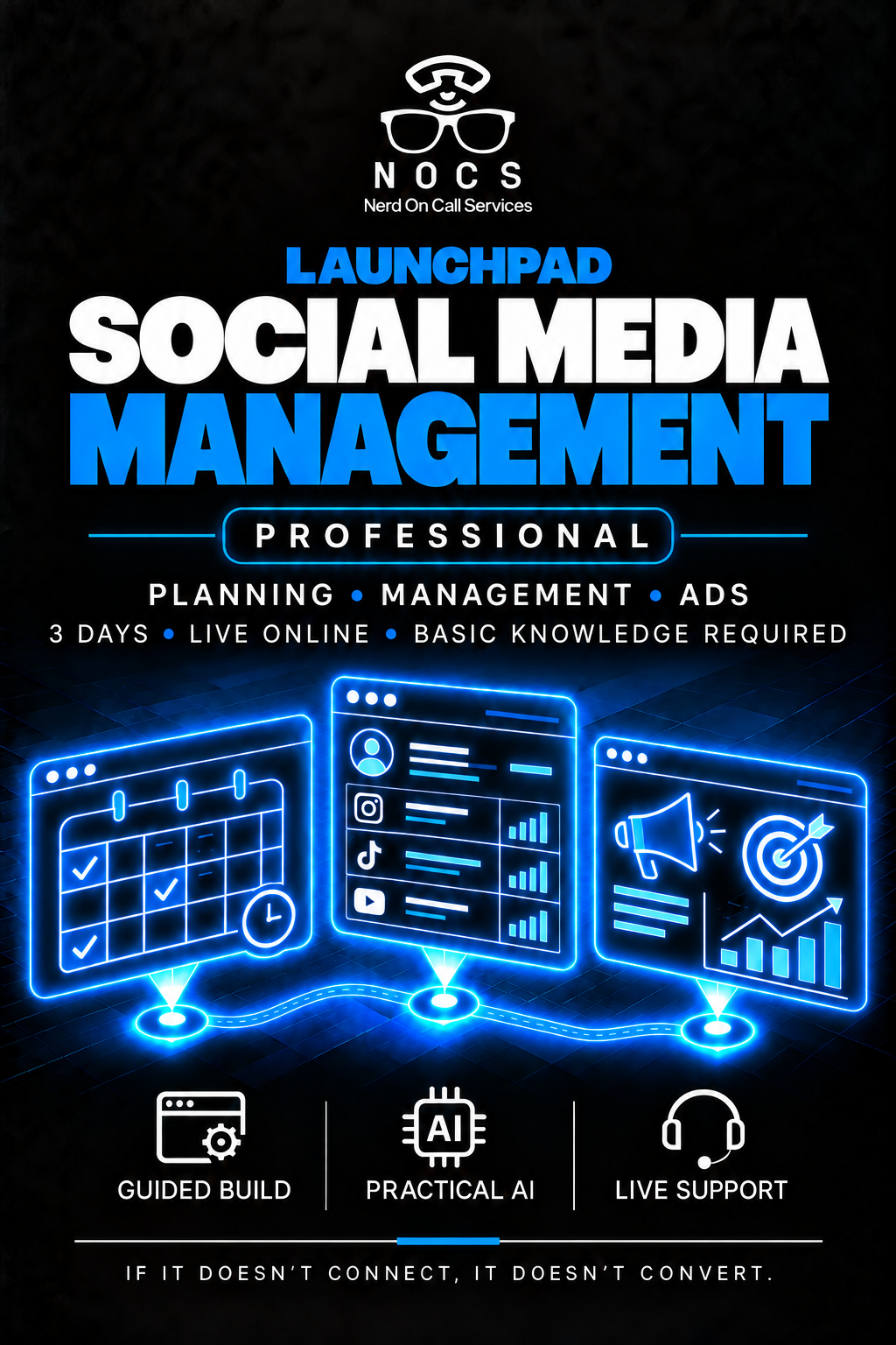 NOCS Social Media Management Workshop, Professional, with blue technical illustrations.