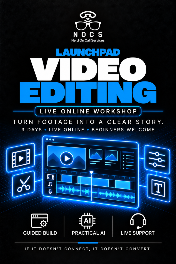 NOCS Video Editing Workshop, live online workshop, with blue technical illustrations.