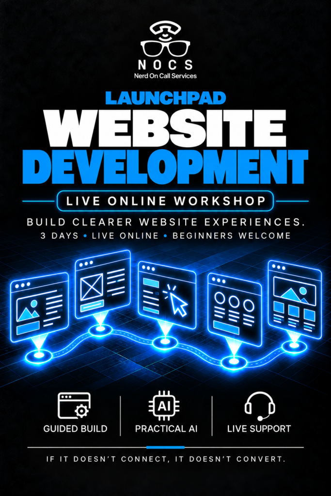 NOCS Website Development Workshop, live online workshop, with blue technical illustrations.